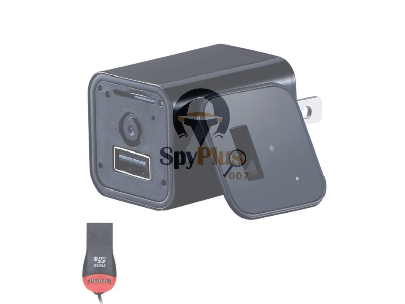 Image of a black USB port with a memory card USB reader. The USB port has a built-in hidden camera. It's designed for home surveillance with motion detection features.