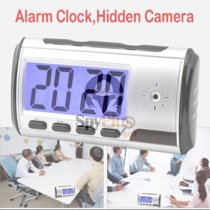 Image of an Alarm Clock with Hidden Camera against a white background. The device resembles an ordinary alarm clock but has a built-in hidden camera and can record video and audio in high definition.