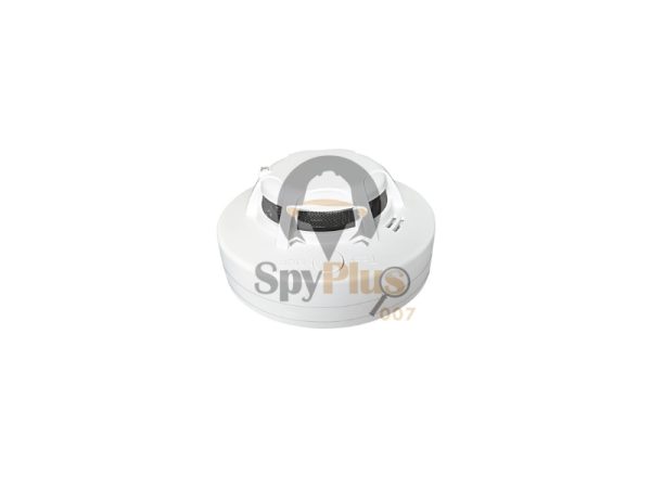 Image of a white spy smoke detector with a small black circular lens at the bottom. The device functions as a hidden camera and is designed to blend in with its surroundings. The smoke detector is shown against a white background.