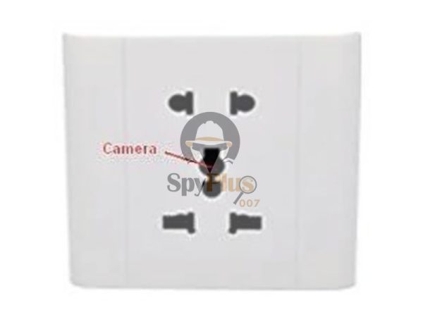 An image of a white wall-mounted Power Outlet Hidden Camera with a small camera lens discreetly placed near the top. The device appears to be a normal power outlet but has a hidden camera for surveillance purposes. The outlet has Wi-Fi capabilities for remote viewing and monitoring.
