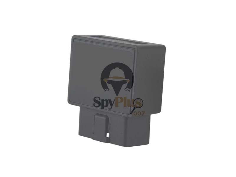 A small black GPS tracker that plugs into the OBD port of a vehicle. The tracker has a built-in vibration sensor and connects to a smartphone, allowing users to track the vehicle in real-time and receive alerts if it moves without authorization.
